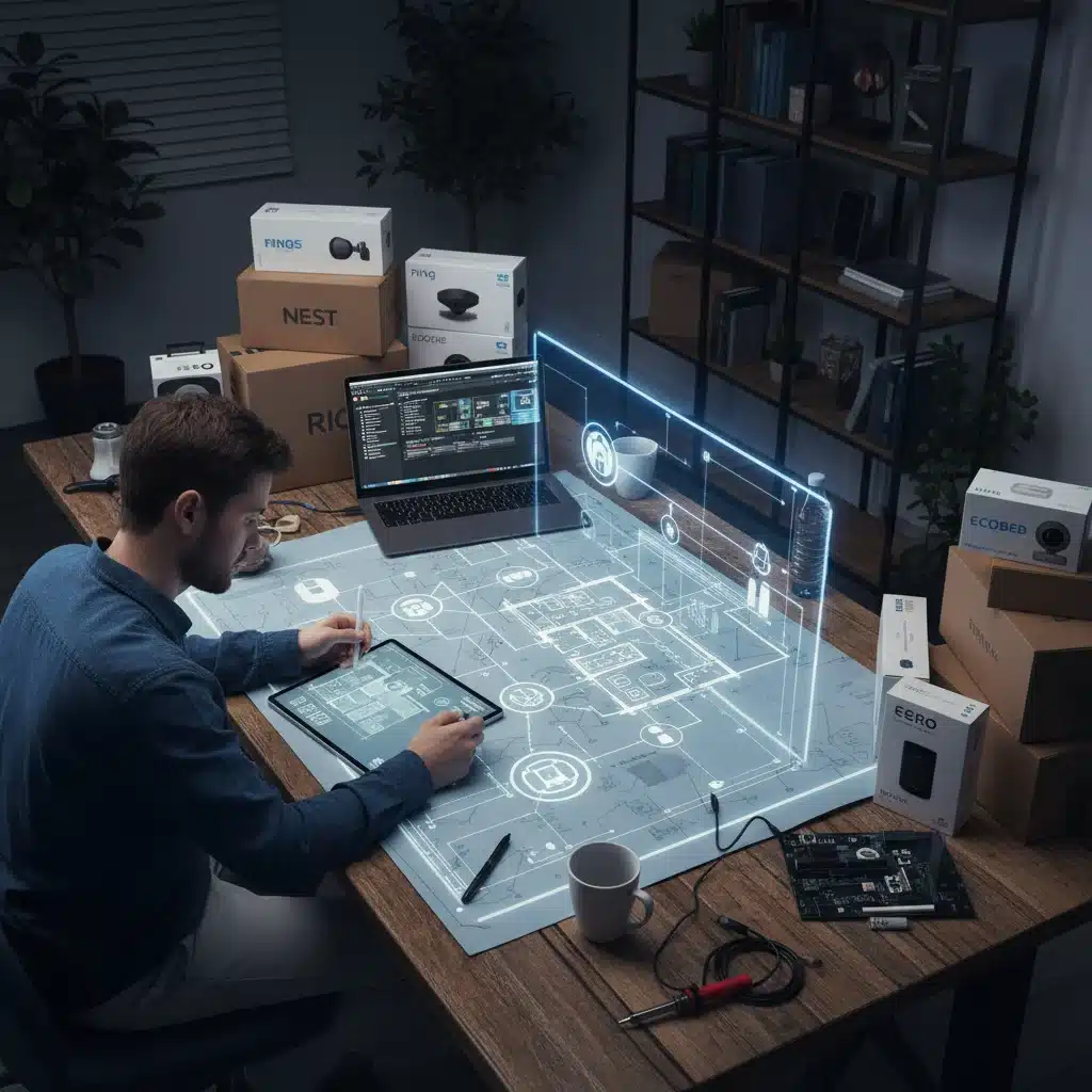 Person planning smart home network with blueprints and devices