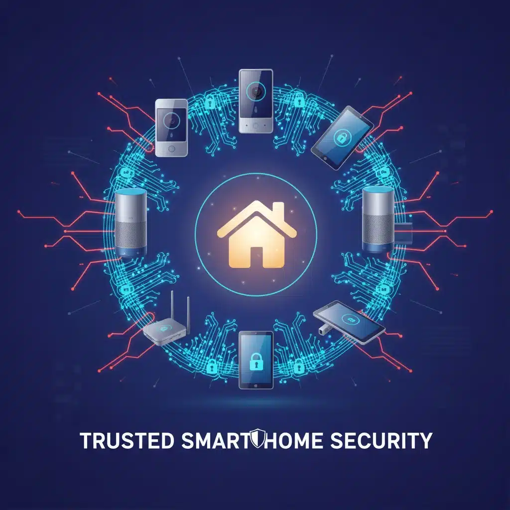 Visual representation of data privacy and security in a smart home, with a protective shield around connected devices.