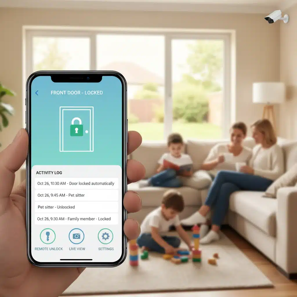 Smartphone app controlling smart door lock with activity logs and remote access.