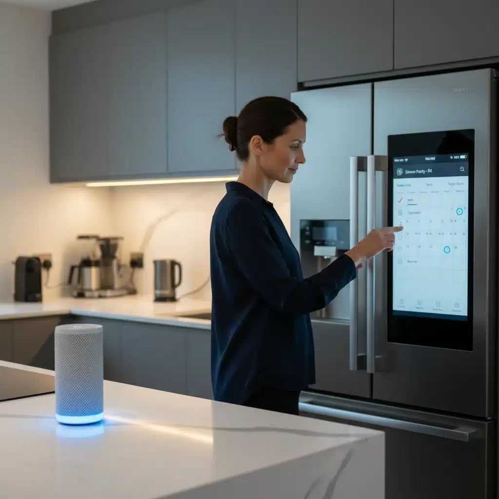 Homeowner interacting with smart refrigerator and integrated smart home devices