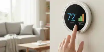 Modern smart thermostat displaying energy savings, a homeowner interacting with the device.