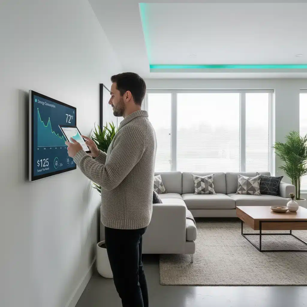 Homeowner adjusting smart thermostat, showcasing energy savings and efficient home climate control.