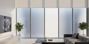 Futuristic living room with dynamic tint smart windows reducing glare and automated blinds enhancing energy efficiency.