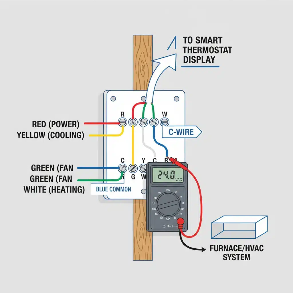 Detailed wiring diagram for smart thermostat C-wire connection.