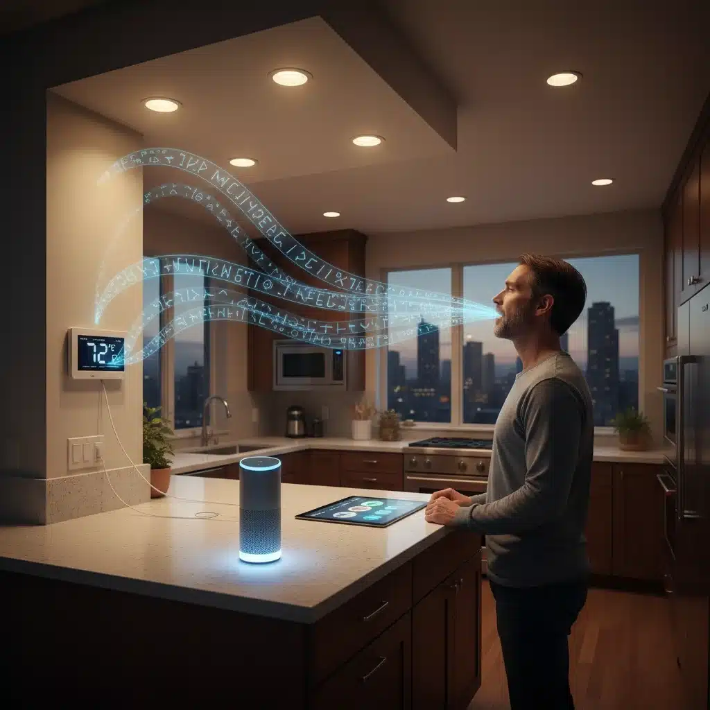 Person using voice commands to control multiple smart home devices in a kitchen