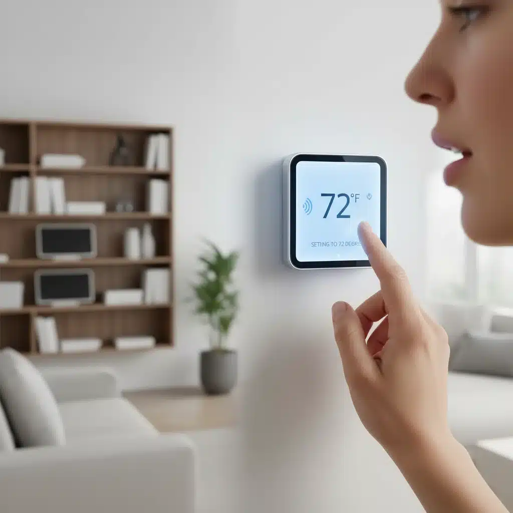 Person using voice commands to control a smart thermostat, demonstrating seamless smart home integration.