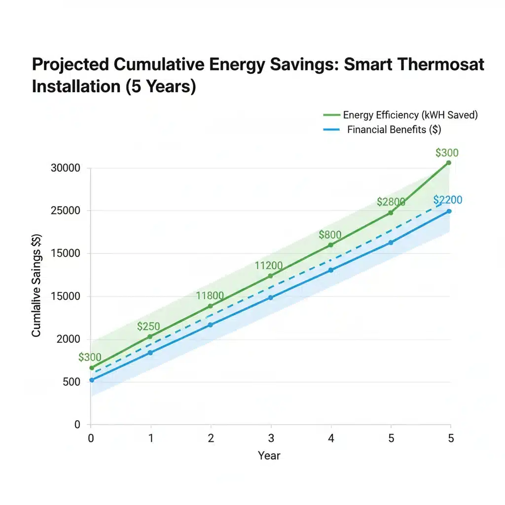 Projected energy savings graph with smart thermostat over five years