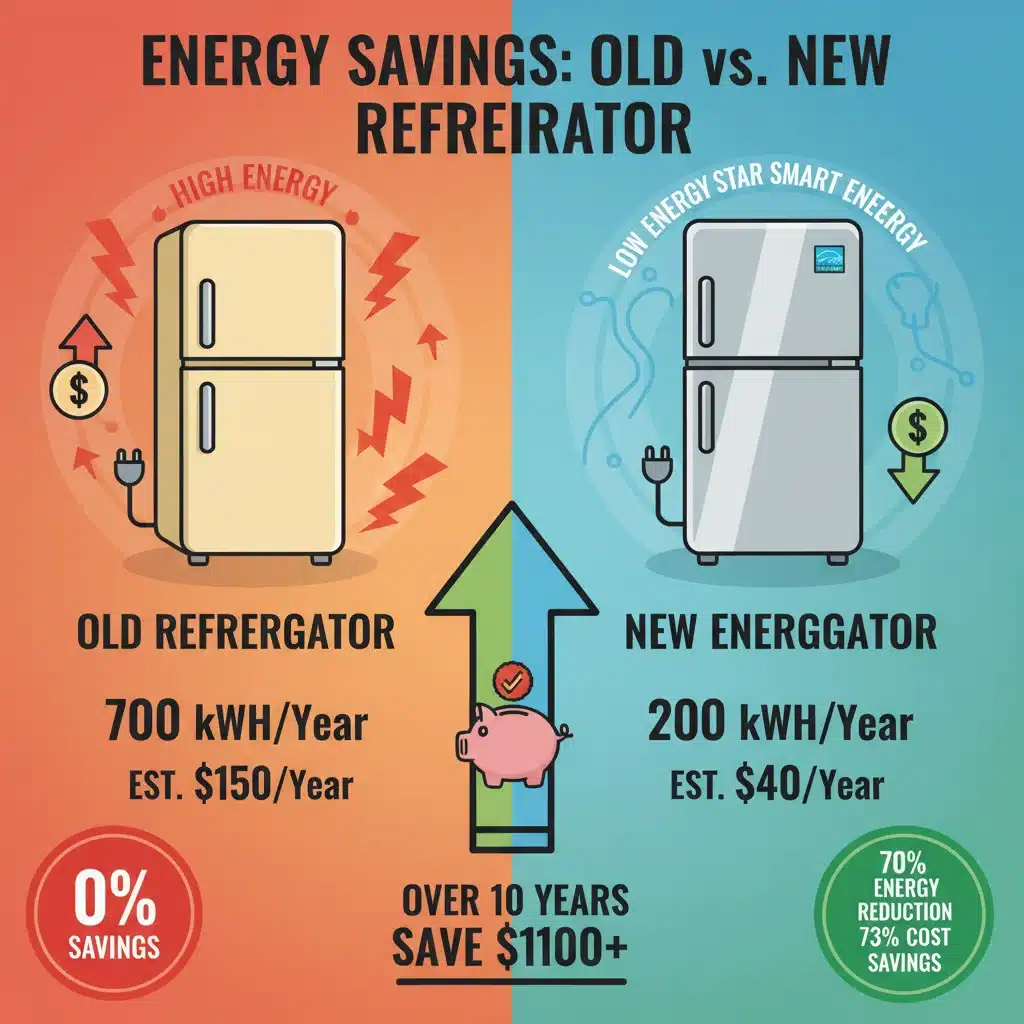 Infographic comparing energy savings of old vs. new ENERGY STAR refrigerator