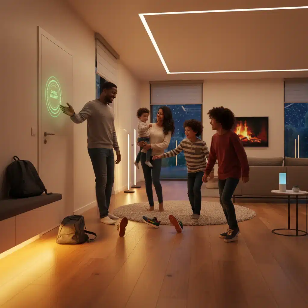 Family arriving home to an automated, welcoming smart home environment