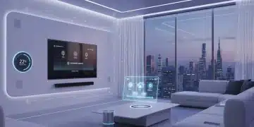 Futuristic smart home hub interface displaying integrated devices
