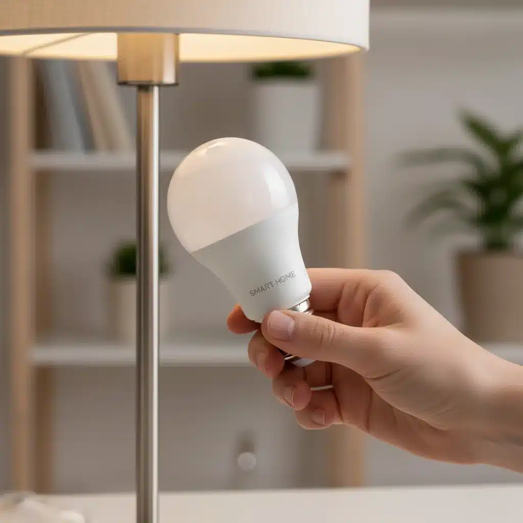Hand screwing in a smart LED light bulb into a lamp for a DIY smart lighting upgrade.