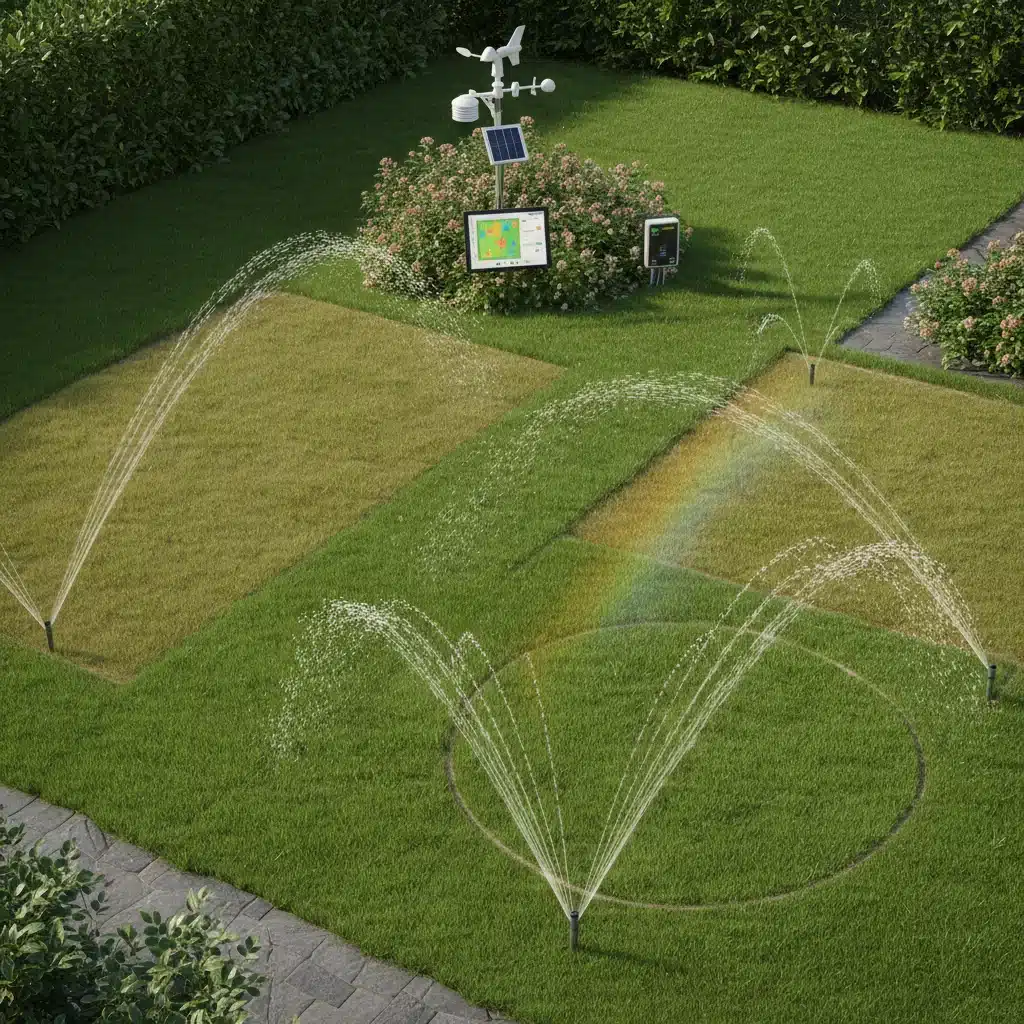 Lush green lawn watered by smart sprinkler system with weather station
