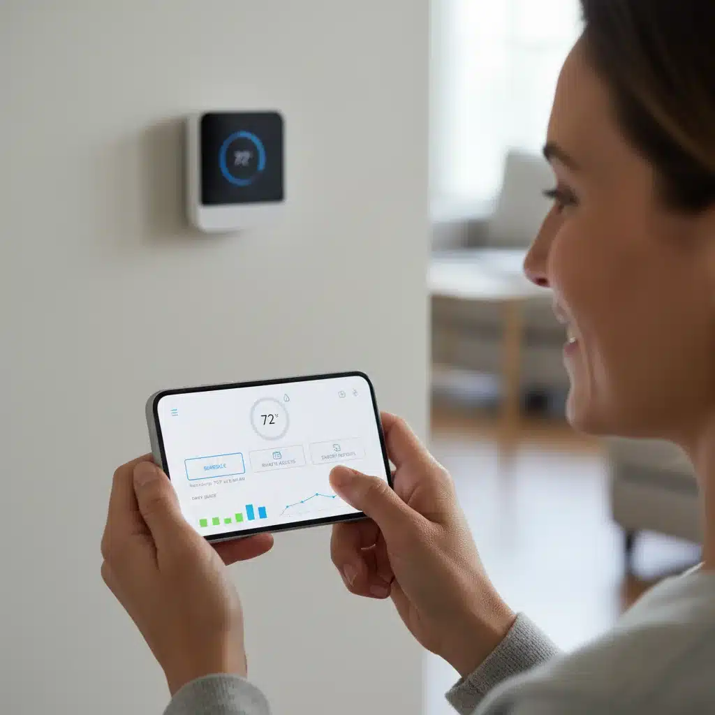 Homeowner using mobile app to control smart thermostat remotely
