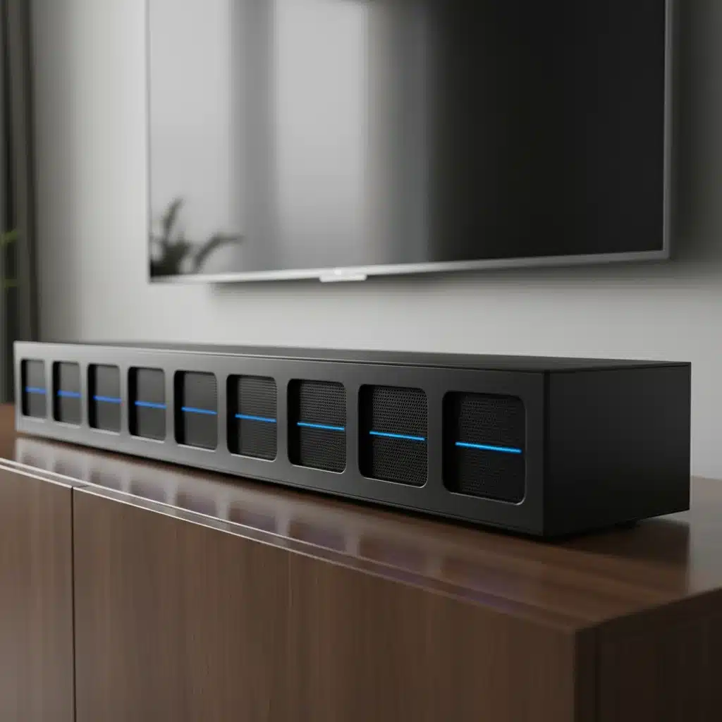Close-up of a modern, high-fidelity soundbar with advanced audio technology.