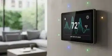 Modern smart thermostat displaying energy savings data in a stylish home