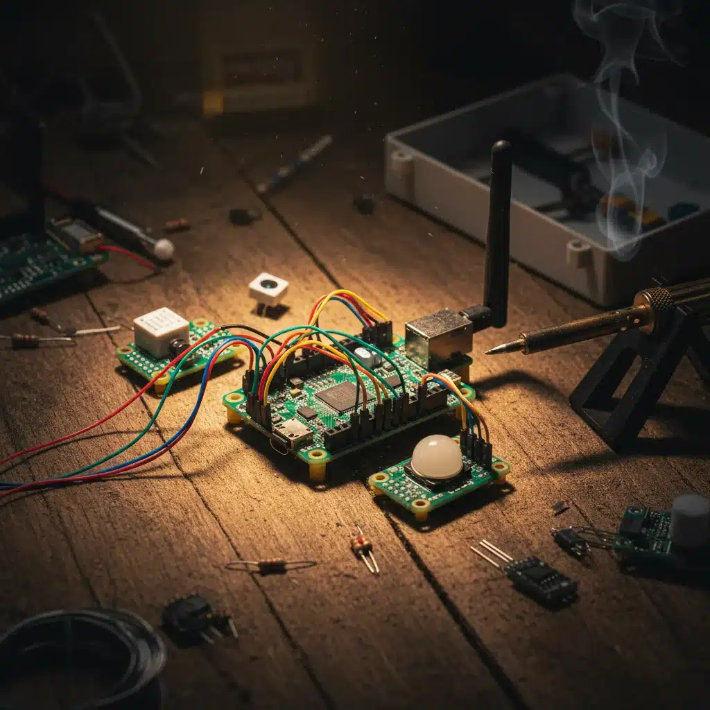 Raspberry Pi board with connected sensors for DIY smart home hub