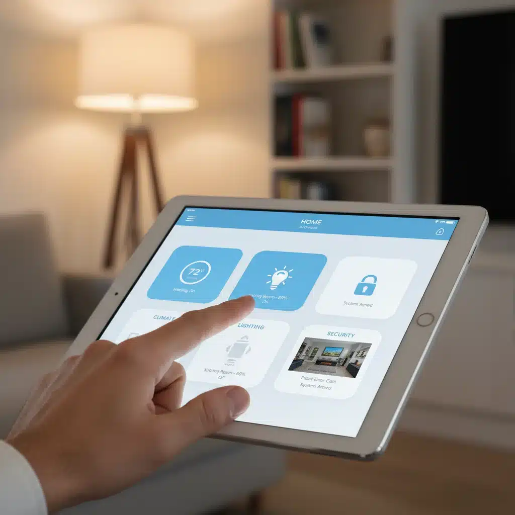 User interacting with smart home control app on tablet
