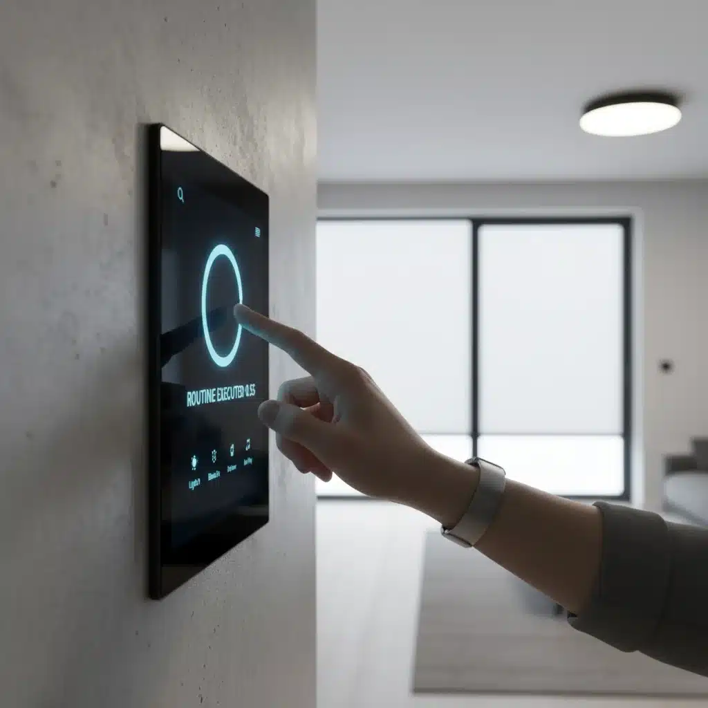 User interacting with a smart home control panel showing fast routine execution.