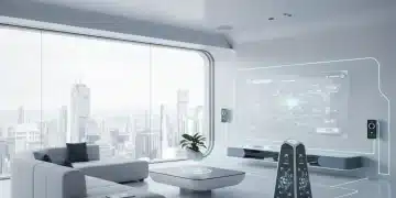 Modern smart home living room with integrated devices and central hub