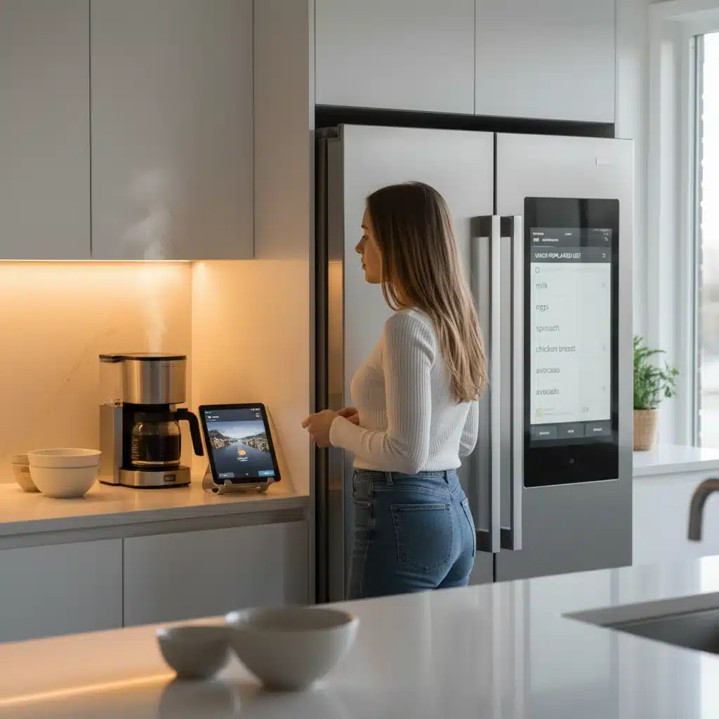 Smart kitchen with voice-activated shopping list on a smart refrigerator.