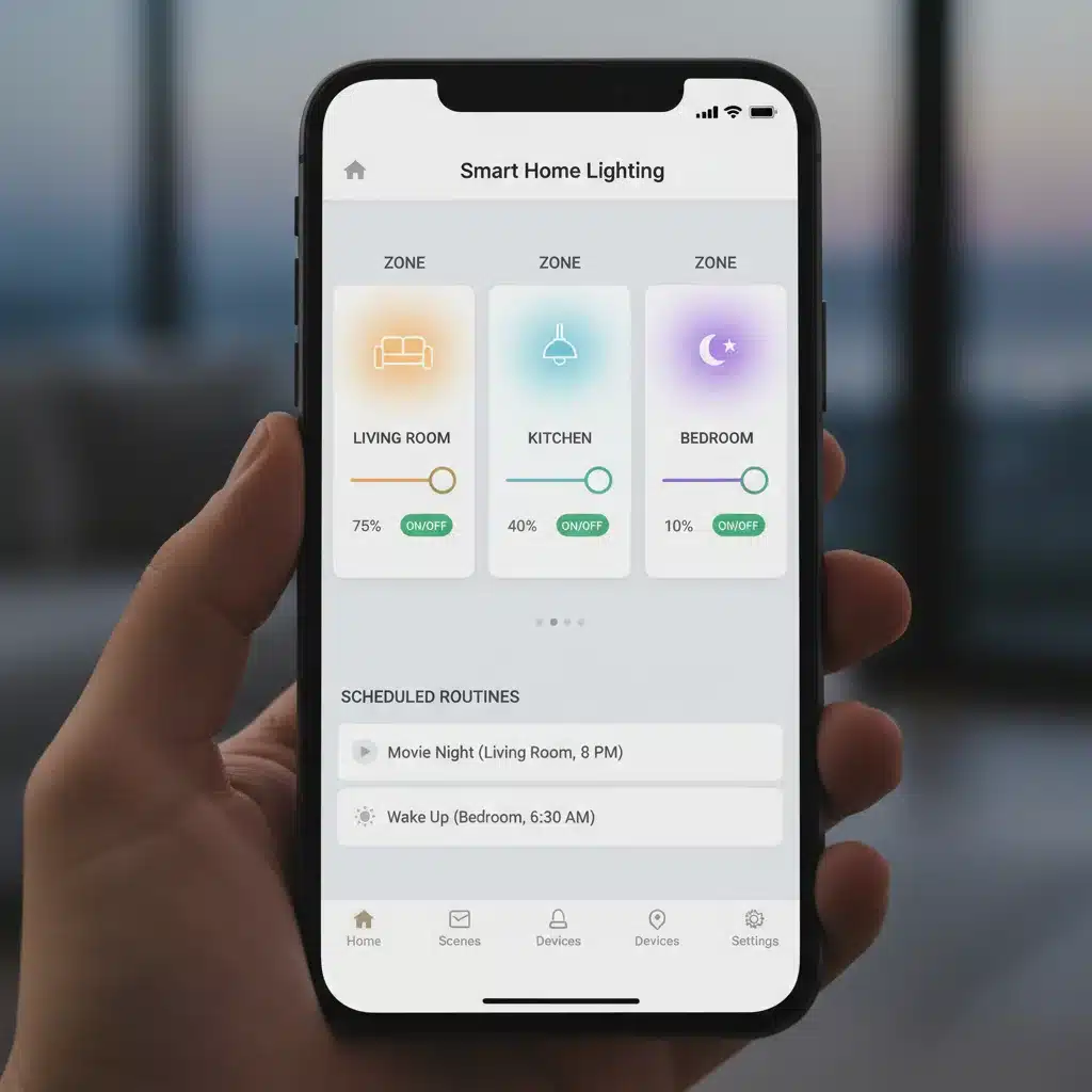 Smartphone displaying a smart home app with controls for various lighting zones and scheduled routines.