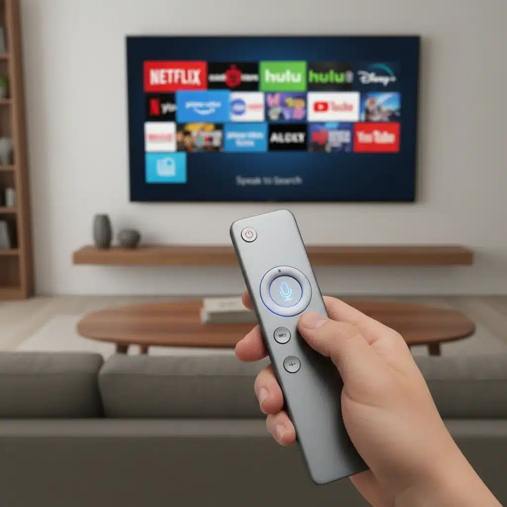 Hand holding a smart remote control for streaming devices, showing voice control feature.