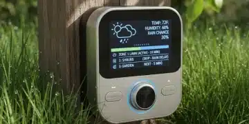 Smart sprinkler controller with digital display showing weather data and zone status