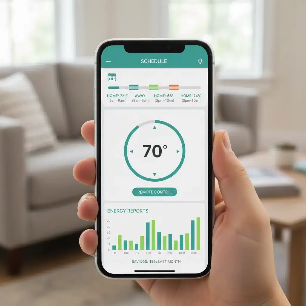 Smartphone displaying smart thermostat app for remote control and scheduling