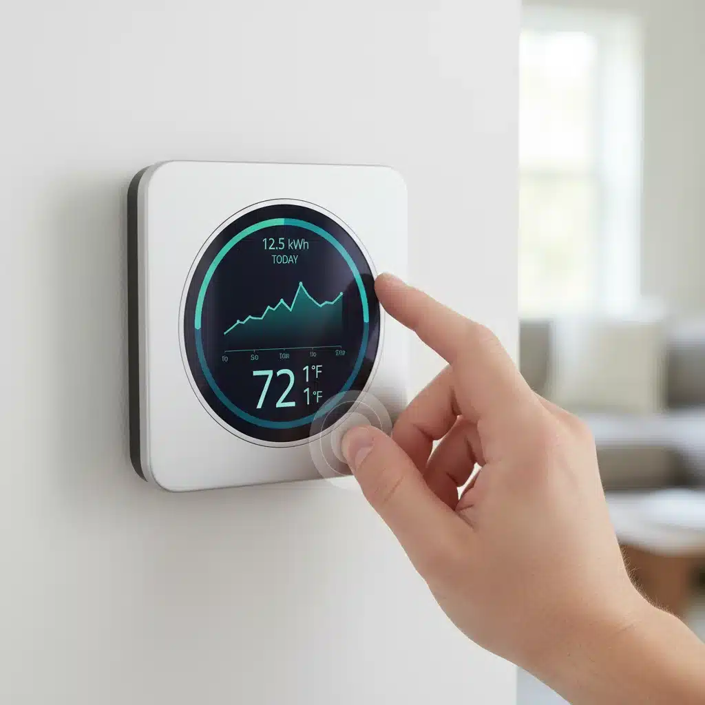 Smart thermostat displaying energy consumption data