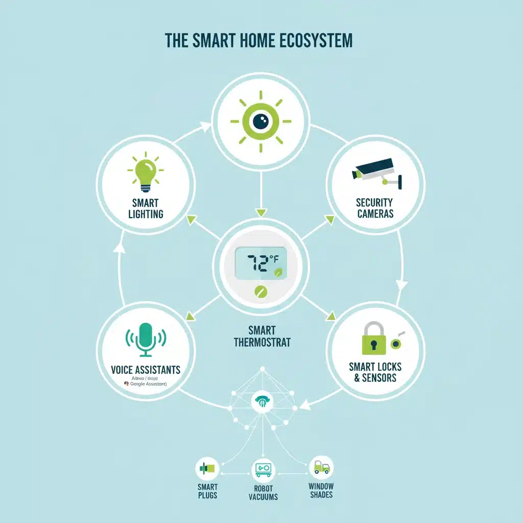 Infographic showing smart thermostat central to home automation ecosystem