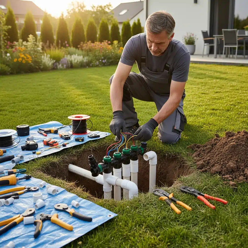 Homeowner installing smart sprinkler valve manifold with PVC pipes