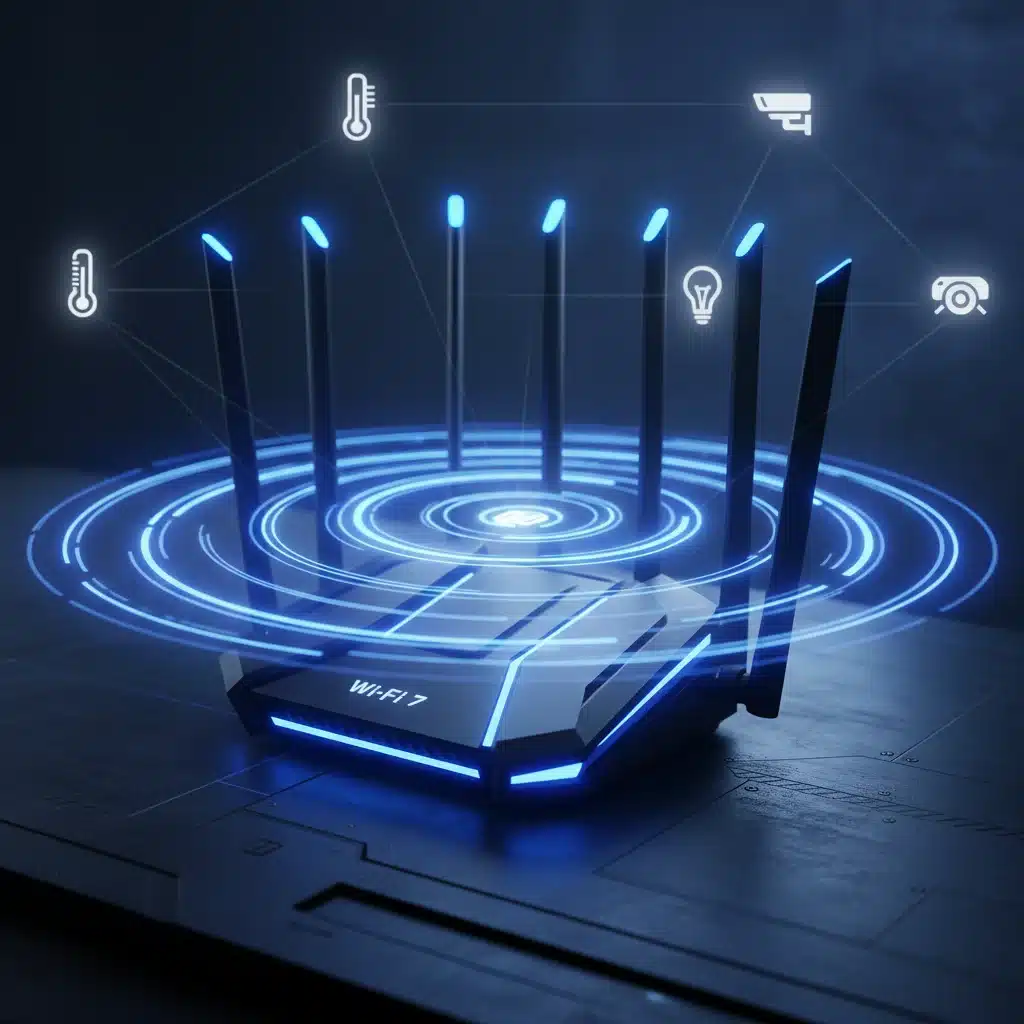 Advanced Wi-Fi 7 router optimizing smart home network performance for faster response.