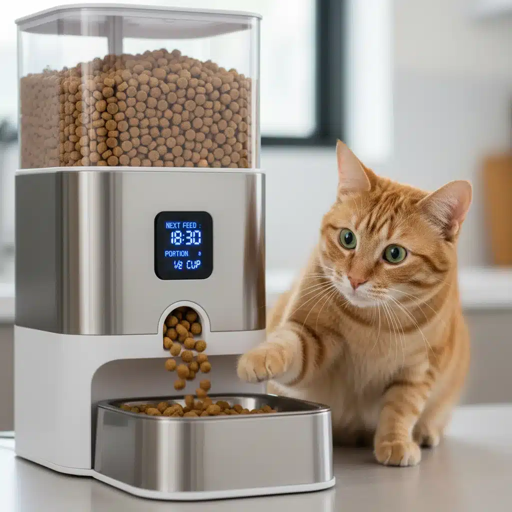Automated smart pet feeder dispensing food for a curious cat
