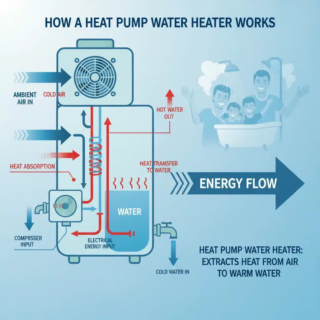 Infographic explaining heat pump water heater energy transfer efficiency