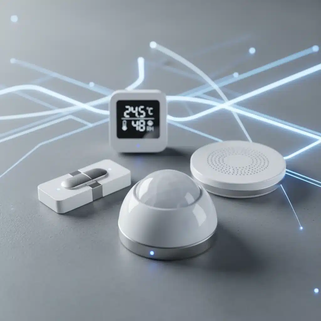 Array of home automation sensors including motion, contact, and environmental sensors.