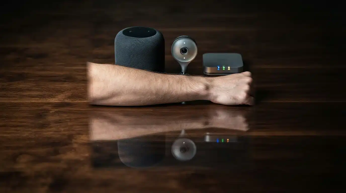 Brazo de una persona reflejado en una superficie de madera pulida junto a dispositivos inteligentes conectados.