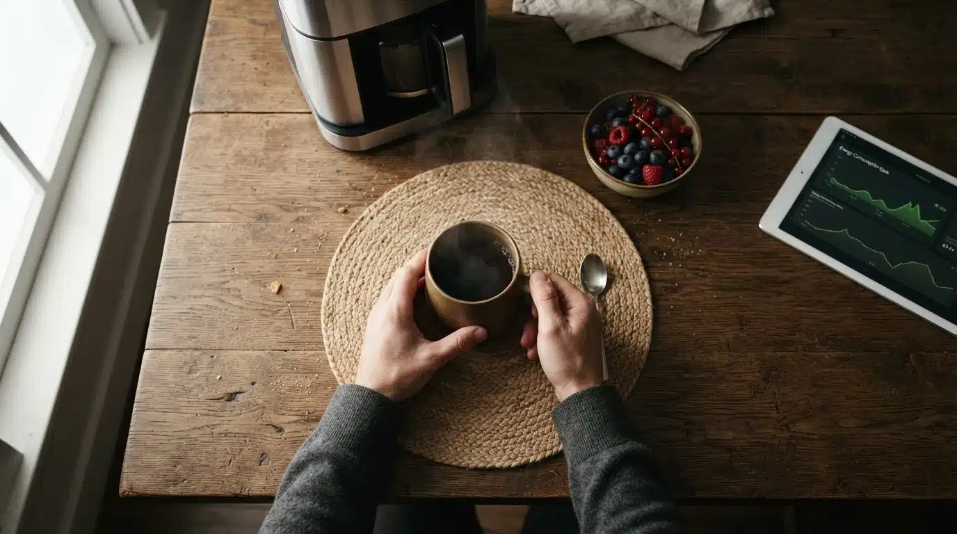 Manos de una persona en una mesa de desayuno rústica con cafetera inteligente y tablet mostrando datos de energía.
