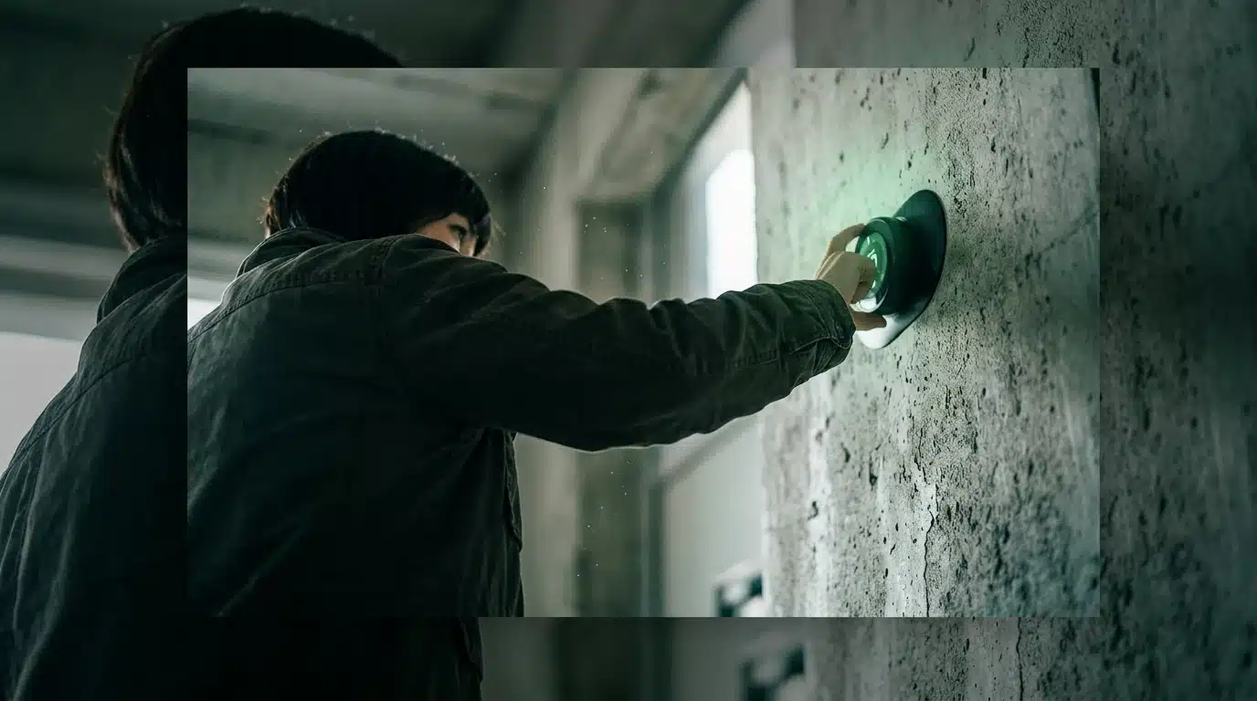 Una persona ajustando un termostato inteligente con IA en una pared de hormigón, con una luz verde suave.