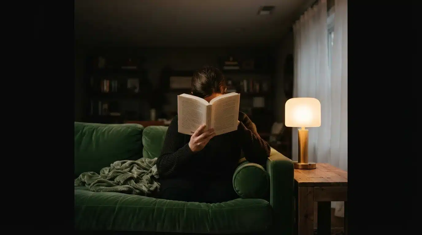 Una persona leyendo un libro en un sofá de terciopelo verde, con una lámpara inteligente que ajusta automáticamente la luz para una experiencia de lectura personalizada.
