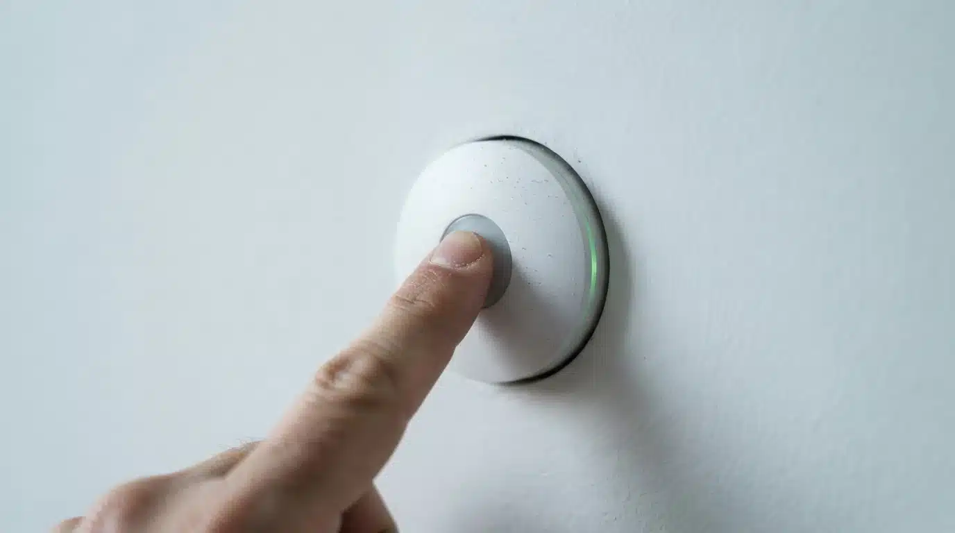 Primer plano de una mano tocando un sensor de movimiento blanco incrustado en una pared, con una tenue luz verde que indica actividad.