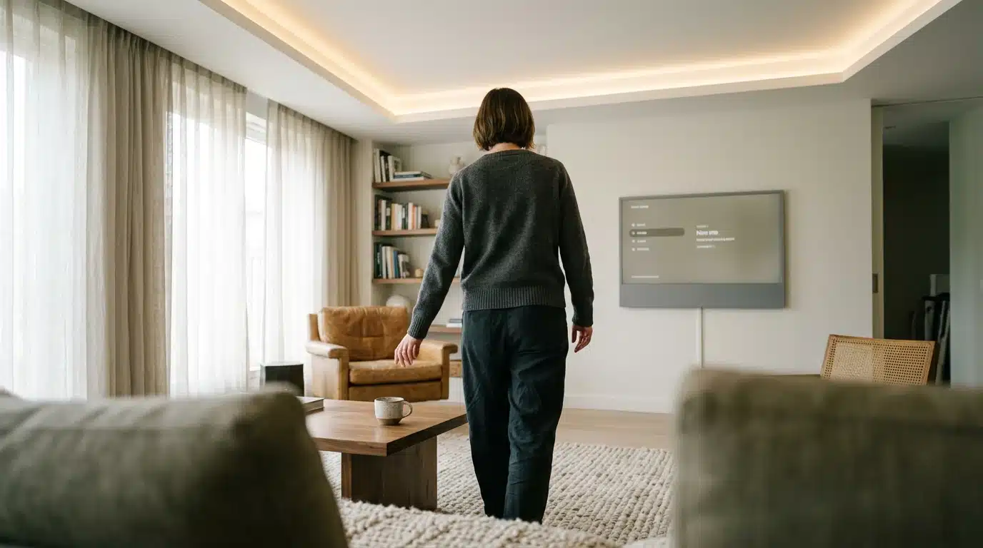 Una persona caminando por una sala de estar moderna, con luz natural suave y tecnología ambiental integrada sutilmente en el diseño del hogar.