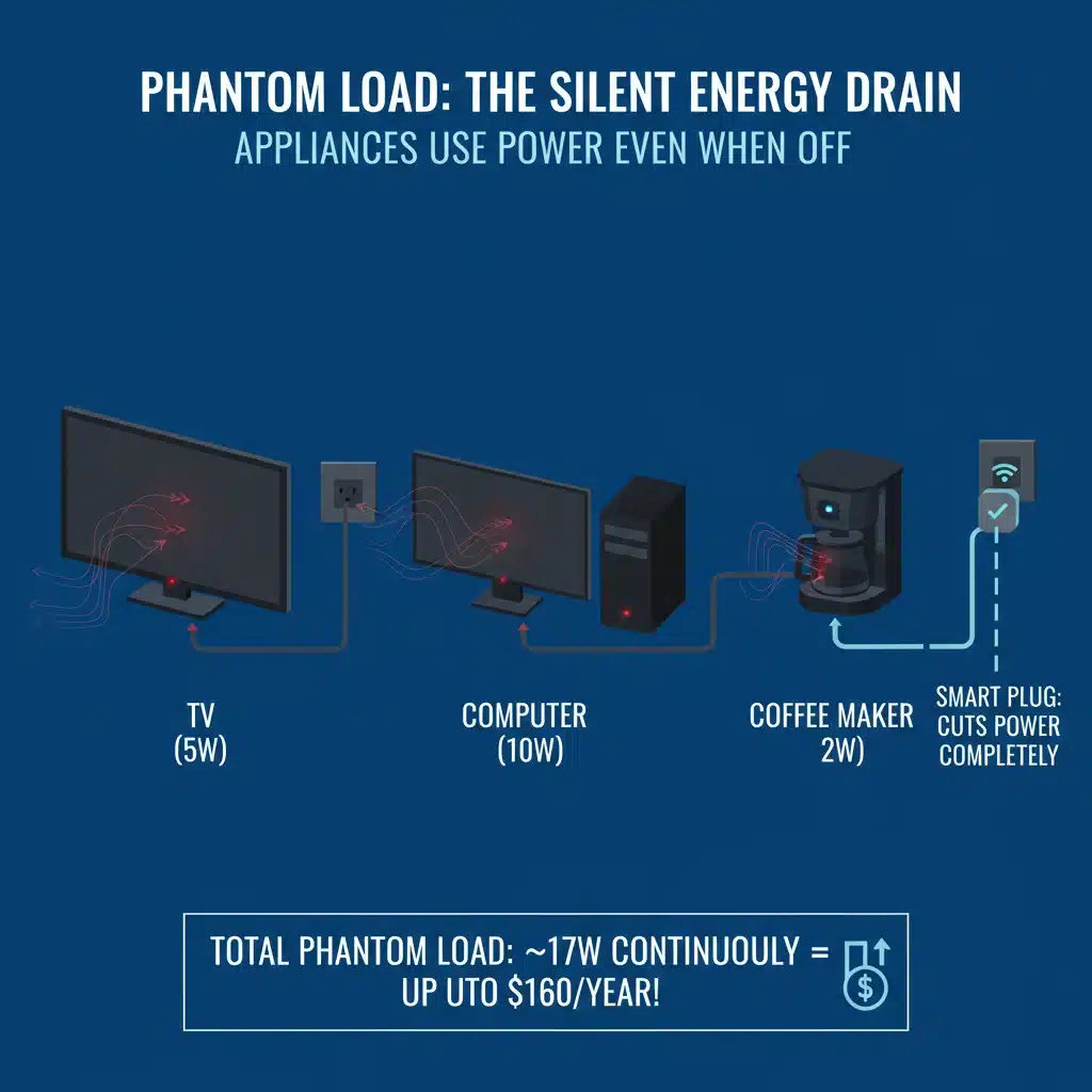 Infographic showing common household appliances drawing phantom load