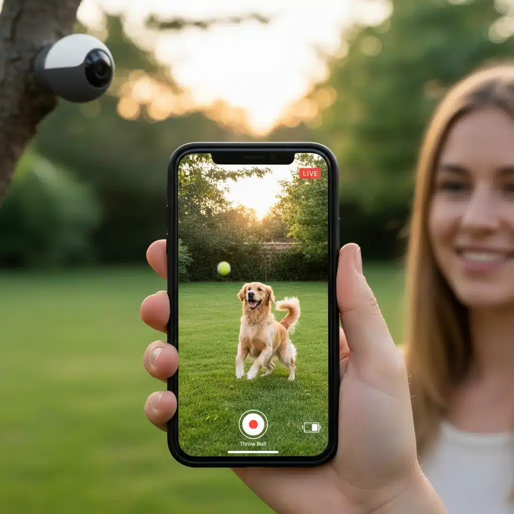Pet owner using a smartphone to monitor dog with an interactive pet camera