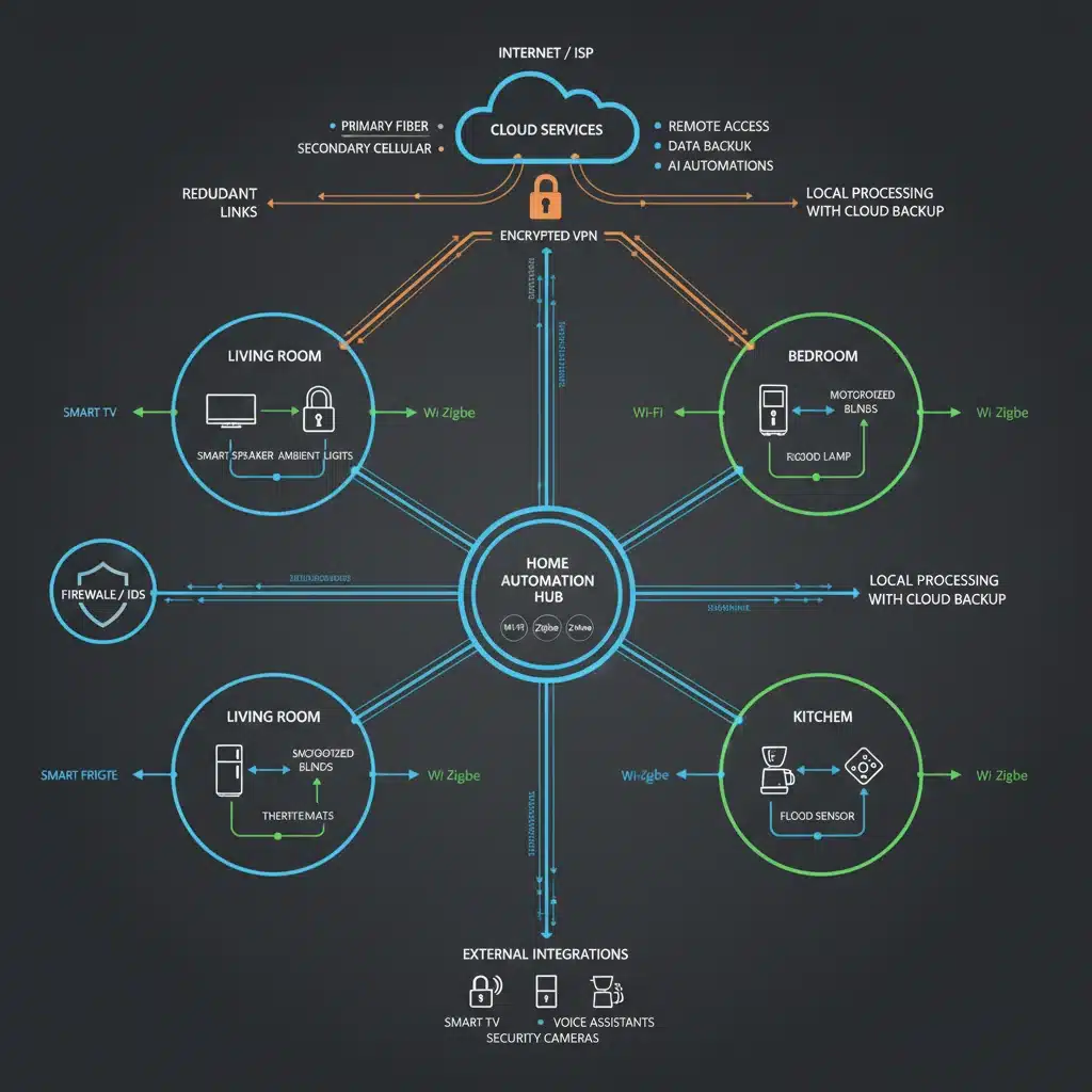 Network diagram of a robust home automation system with multiple wireless protocols and cloud integration.