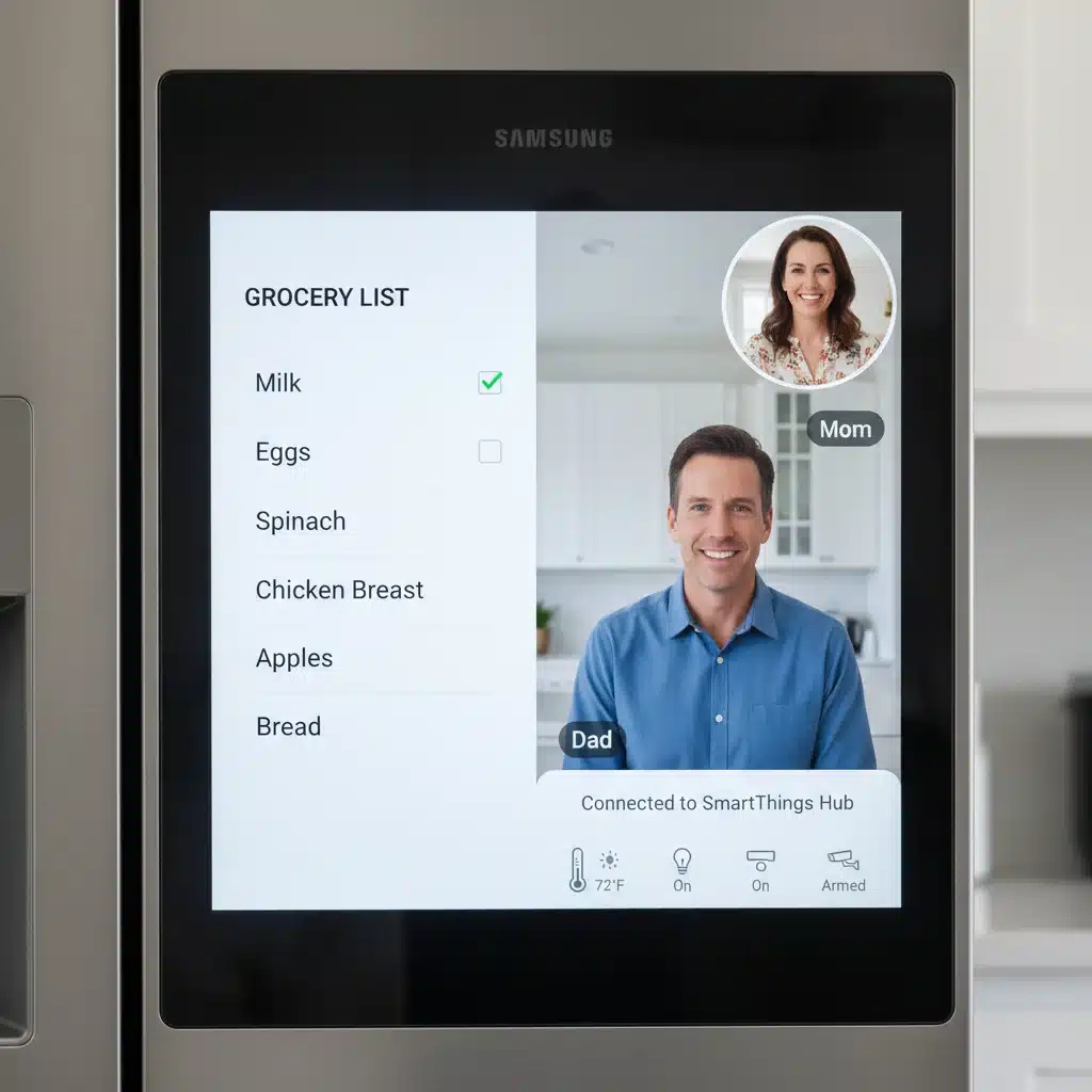 Samsung Family Hub refrigerator screen showing smart home features