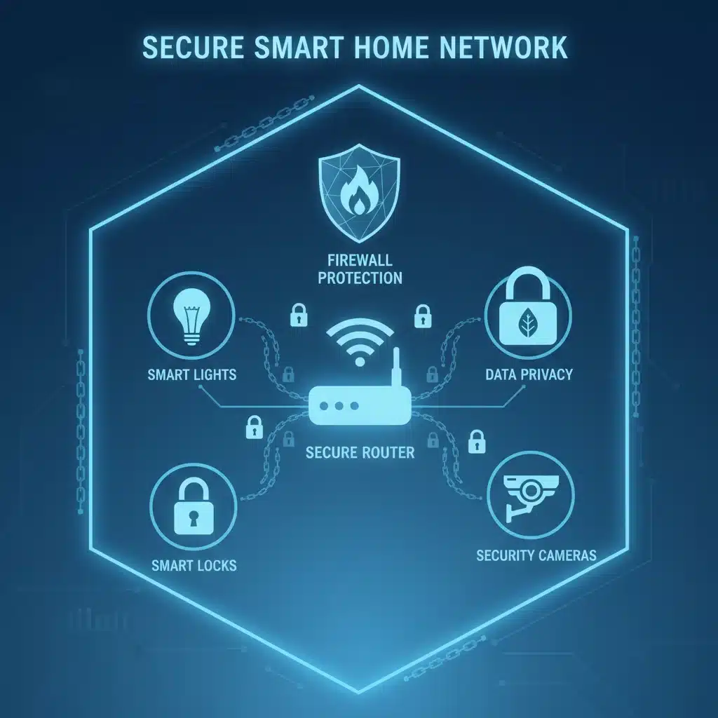 Diagram of a secure smart home network highlighting encryption, firewall, and data privacy for IoT devices.