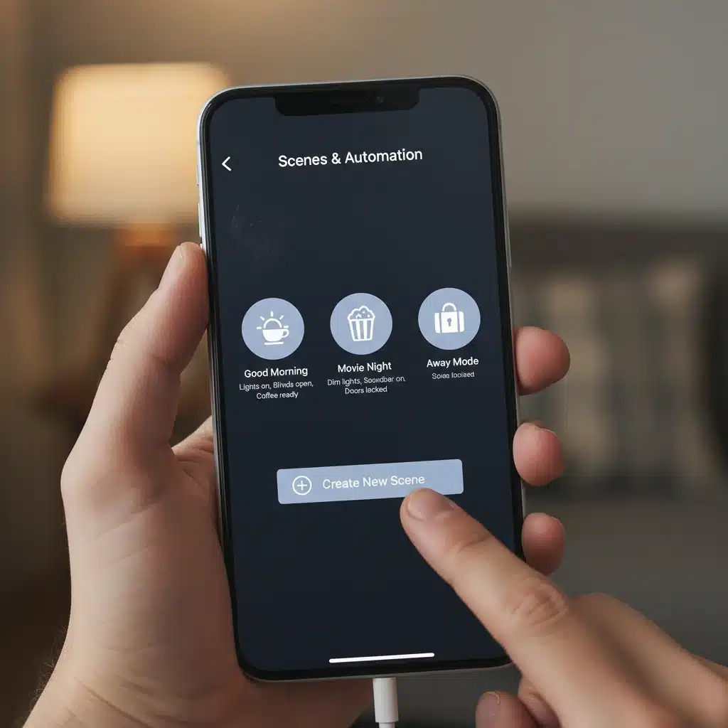 Smartphone displaying smart home app with scene creation options