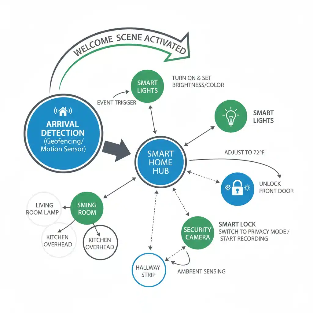 Diagram showing smart devices interconnected for a 'Welcome Home' scene