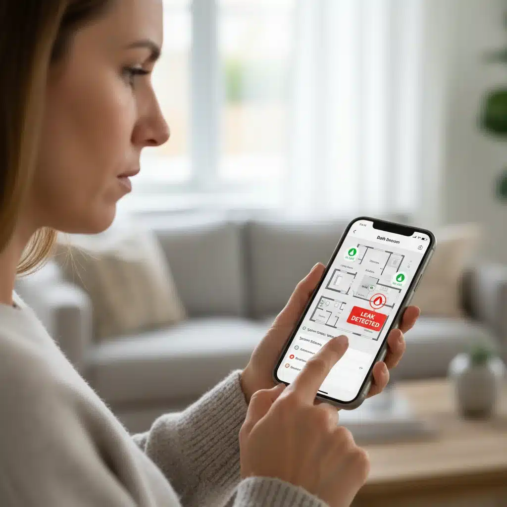 Smartphone app showing smart leak detector status