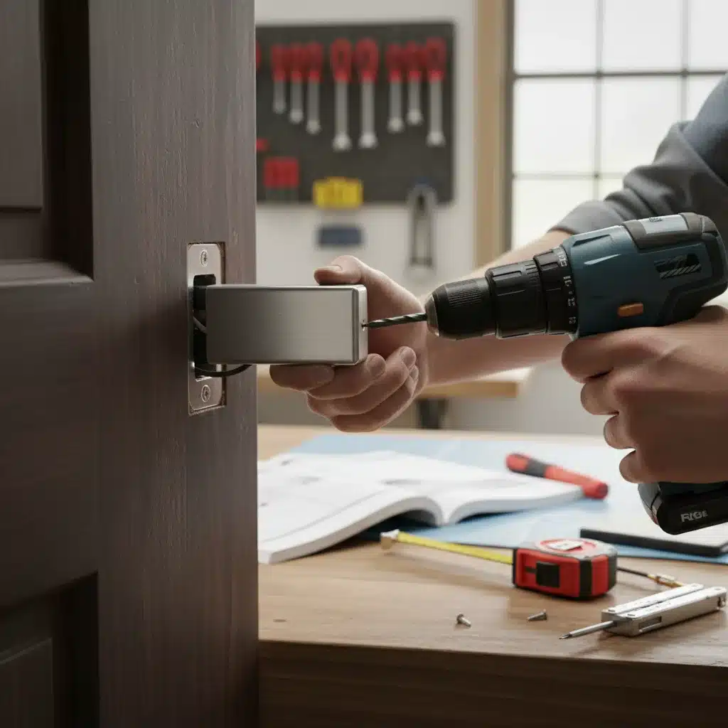 Person installing smart lock mechanism with tools